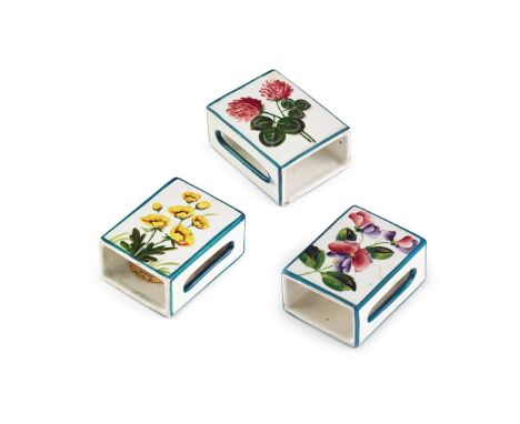  WEMYSS WARE THREE MATCHBOX CASES to include a 'CLOVER' MATCHBOX CASE glazed earthenware, unmarked, 8cm high; 'PINK AND PURPL