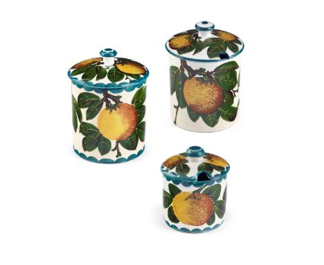  WEMYSS WARE THREE 'ORANGES' PRESERVE JARS & COVERS to include a LARGE 'ORANGES' PRESERVE JAR & COVER glazed earthenware, imp