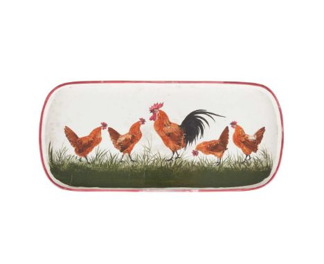  WEMYSS WARE 'BROWN COCKEREL AND HENS' WAVERLEY TRAY glazed earthenware, impressed maker's mark WEMYSS 44cm wide   