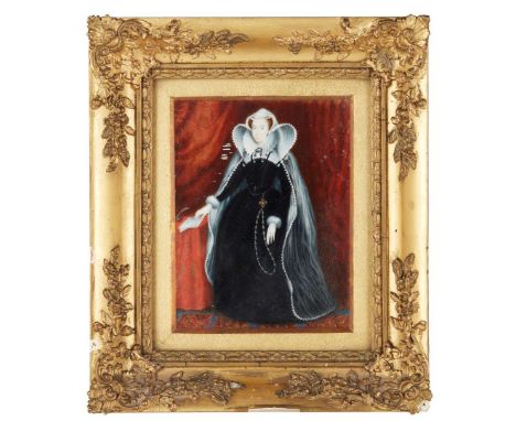  LARGE PORTRAIT MINIATURE OF MARY QUEEN OF SCOTS 19TH CENTURY probably painted on ivory or vellum, showing a full length port