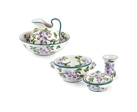  WEMYSS WARE RARE 'WISTERIA' WASH SET glazed earthenware, comprising a LARGE EWER and BASIN, 24cm high, 39cm diameter; A SPON