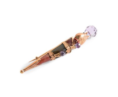  A 9CT GOLD VICTORIAN GEM SET KILT PIN WILLIAM HENRY LEATHER, 19TH CENTURY modelled as a dirk, set with various hardstones, e