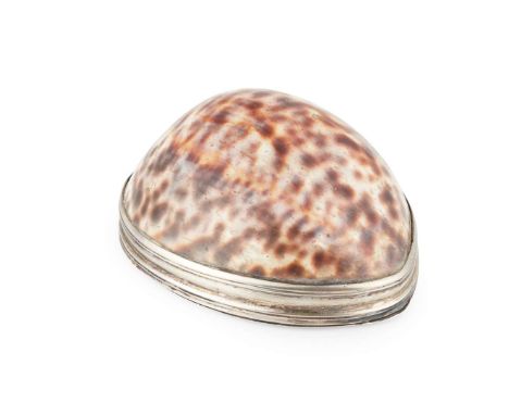  AN UNSUAL GEORGE II SILVER MOUNTED COWRIE SHELL SNUFF BOX 1759 the polished cowrie shell mounted with plain rim, the hinged 
