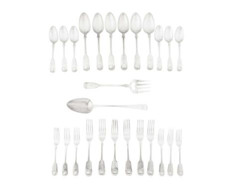  A SUITE OF VICTORIAN FIDDLE AND SHELL PATTERN FLATWARE JAMES McKAY, EDINBURGH 1855 comprising six tablespoons, six table for