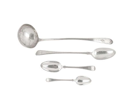  A MATCHED SET OF GEORGE III OLD ENGLISH FEATHER EDGE PATTERN FLATWARE PATRICK ROBERTSON, EDINBURGH 1770 AND 1785 to include 