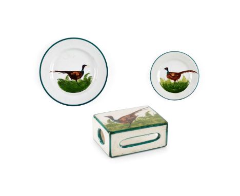  WEMYSS WARE 'PHEASANT' MATCHBOX HOLDER glazed earthenware, unmarked, 8cm long; together with a 'PHEASANT' SIDE PLATE, glazed