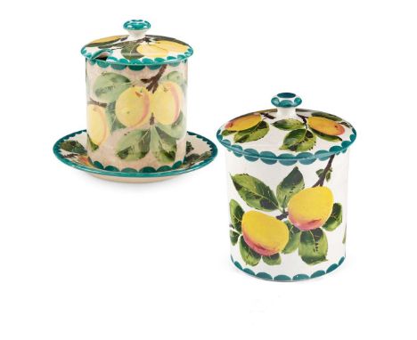  WEMYSS WARE TWO 'YELLOW PLUM' PRESERVE JARS & COVERS to include a MEDIUM 'YELLOW PLUM' PRESERVE JAR & COVER WITH STAND, glaz