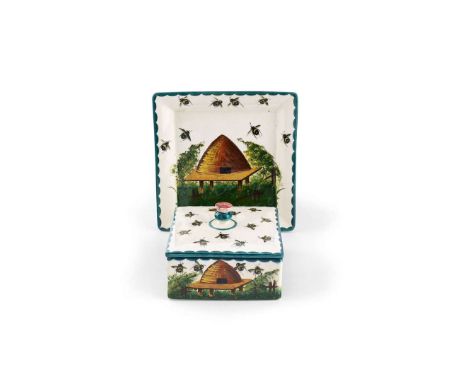  WEMYSS WARE 'BEES & HIVE' HONEY BOX & COVER WITH STAND glazed earthenware, painted by James Sharp, painted and impressed mak