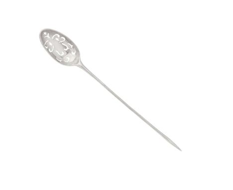  A GEORGE II/III MOTE SPOON ROBERT LOW, EDINBURGH marked LOW, of traditional form, the pierced bowl to a tapered stem with po