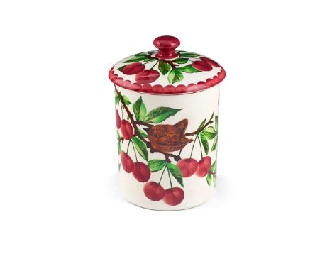 WEMYSS WARE LARGE 'WREN IN A CHERRY TREE' BISCUIT JAR AND COVER glazed earthenware, painted maker’s mark WEMYSS 19.5cm high 