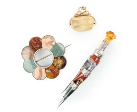  A SCOTTISH VICTORIAN GEM SET AND HARDSTONE KILT PIN UNMARKED modelled as a dirk, set with various hardstones, engraved mount