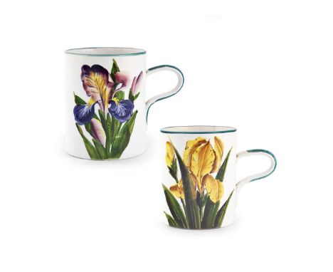  WEMYSS WARE TWO LARGE MUGS to include a LARGE 'PURPLE AND BLUE IRISES' MUG, glazed earthenware, impressed maker's mark WEMYS