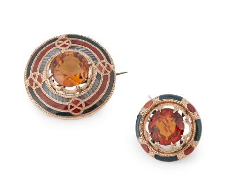  TWO SCOTTISH VICTORIAN CITRINE AND HARDSTONE MOUNTED BROOCHES UNMARKED the first, claw set with a citrine in a border of alt