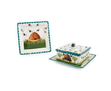  WEMYSS WARE 'BEES AND HIVE' HONEYCOMB BOX AND COVER WITH STAND glazed earthenware, decorated by Edwin Sandland, painted mark