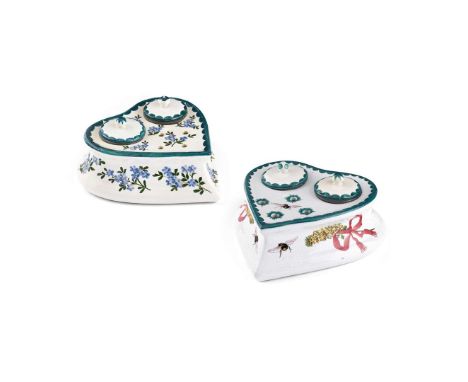  WEMYSS WARE TWO HEART INK STANDS to include a 'FORGET-ME-NOT' HEART INK STAND, glazed earthenware, impressed maker's mark WE