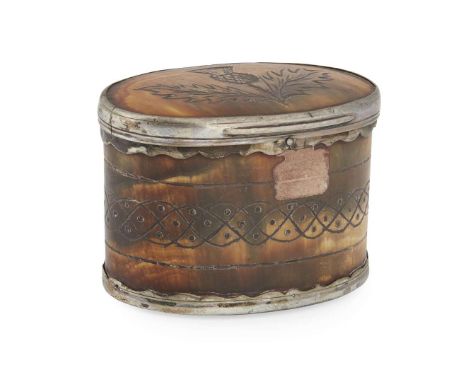  A SCOTTISH HORN SNUFF BOX  of oval outline, the wooden sides engraved with scrollwork decoration, the hinged lid with engrav