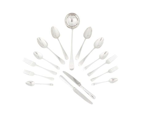  A COMPOSITE SET OF OLD ENGLISH FLATWARE VARIOUS MAKERS AND MARKS comprising a soup ladle, Edinburgh 1799, six tablespoons, M
