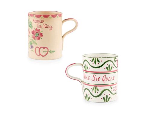  WEMYSS WARE TWO LARGE COMMEMORATIVE MUGS one for Queen Victoria's Diamond Jubilee inscribed ‘NAE SIC QUEEN WAS EVER SEEN’, i