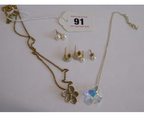 Silver necklace, pair pearl earrings on 9ct gold stems, diamante earrings etc 