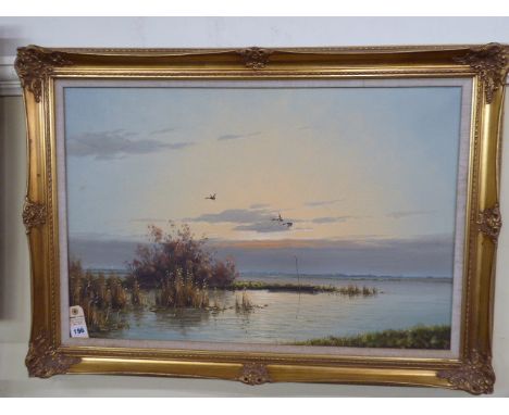 Oil on canvas 'Ducks over Fens ' landscape - G Van Der Velde