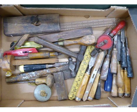 Vintage painted pine tool chest and 2 boxes of carpentry tools - chisels, planes, mallets etc 
