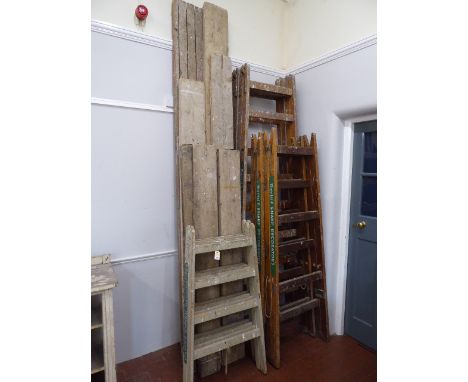 6 x Decorators vintage wooden trestles and scaffold boards etc