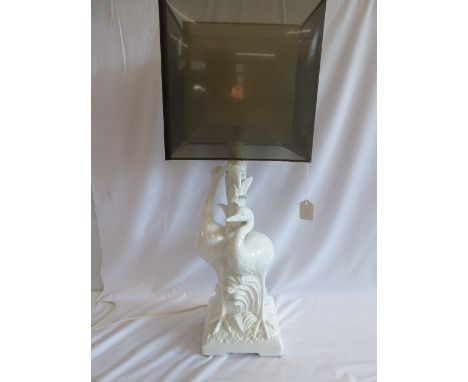 Italian glazed pottery Herons figural table lamp with shade