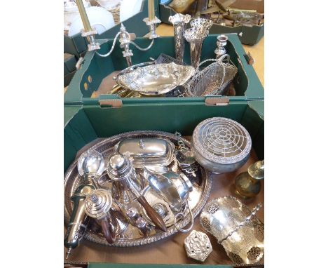 Silver plated coffee pots, candelabra, vases, ladle, tray, fruit basket etc (2 boxes) 