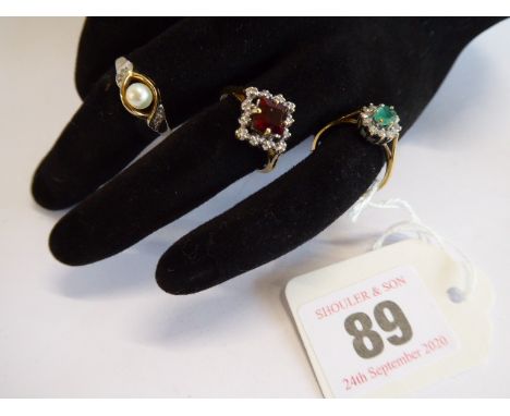 9ct Gold ruby &amp; diamond, emerald &amp; diamond and pearl rings (3) 6.2g total 