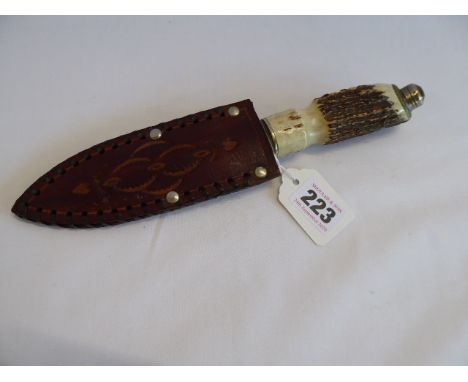 Antler handled Dirk dagger with jewelled finial in leather sheath (10" length) 