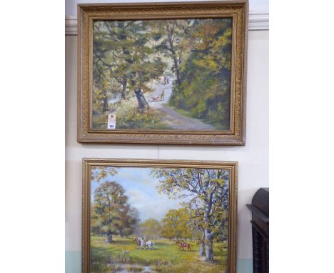Oil on board paintings depicting a family walk in woodland - R Simpson and a horse riding scene (possibly same artist) (2) 