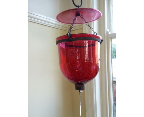 19thC Cranberry glass hanging bell jar lantern suspended on 3 chain hooks with pheasants head detail ( Val St Lambert, made i