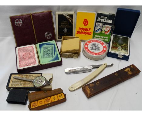 CUT THROAT RAZOR,MAP SCALER,ADVERTISING PLAYING CARDS ETC 