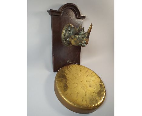An Unusual Late Victorian Novelty Wall Hanging Dinner Gong in The Form of A Brass Model of A Rhino Head on Oak Bracket. (Miss