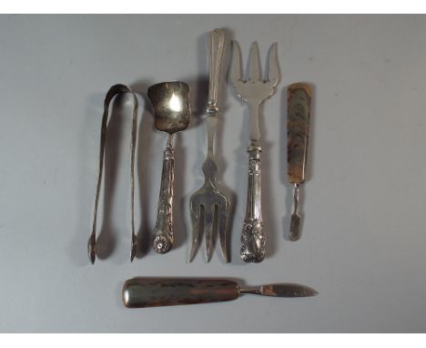 A Georgian Silver Sugar Bow by Charles Hougham, A Georgian Silver Tea Caddy Spoon, Two Silver Handled Forks and Two Manicure 