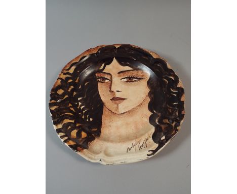 An Early 20th Century Art Moderne Female Portrait Painted on An Unglazed Dinner Plate. 26 Cm Diameter