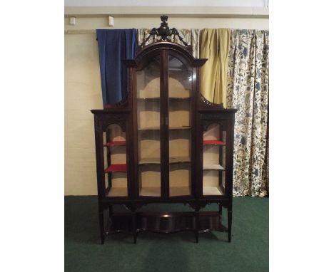 A Good Quality Late Victorian Mahogany Display Cabinet on Square legs with Shaped Stretcher Shelf, Arched Centre Section with