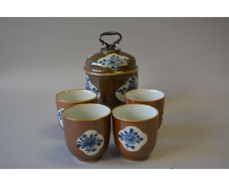 An Oriental Batania Ware Style Lidded Tea Caddy with Metal Handle Together with Four Matching Tea Bowls.