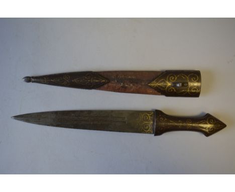 An Eastern Dagger and Scabbard decorated with Gold Wire Effect. 21cm Blade.  