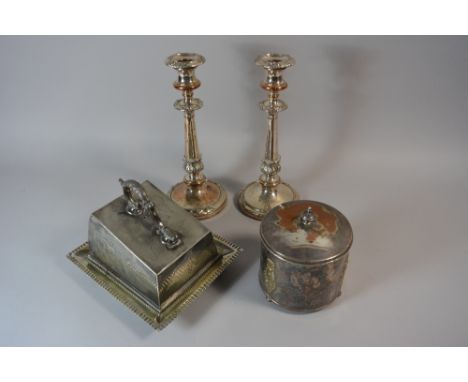 A Collection of Silver Plate to Include Victorian Cheese Dish, Cylindrical Tea Caddy and Pair of Sheffield Plate Candlesticks