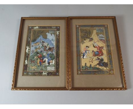 A Pair of Framed Persian Watercolours Depicting Three Horsemen Playing Polo and Three Hunting Game. Each 11 x 16.5 Cm 