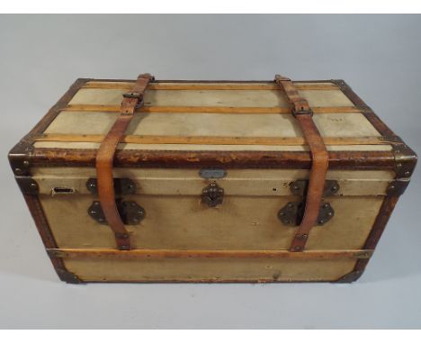 A Vintage French Cabin Trunk by Jules Brard, Paris. Canvas Covered with Wooden, Leather and Brass Mounts. Inner Paper Label 8
