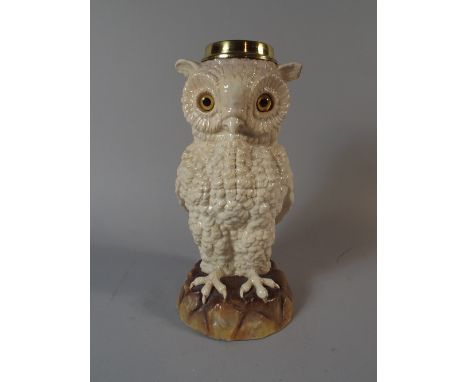 A Late Victorian Novelty Sitzendorf Table Lamp Base in the Form of A Long Eared Owl. Glass Eyes. Under Glazed Blue Mark to Ba