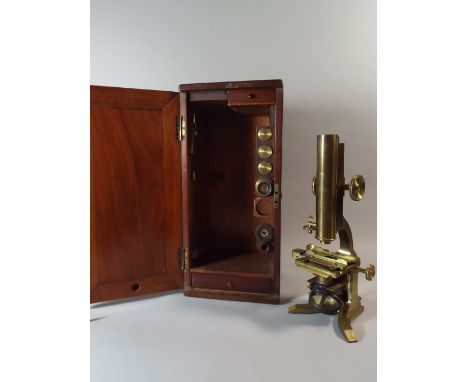 A Cased 19th Century Brass Monocular Microscope, The Barrel Inscribed W. Matthews, Portugal Street, London. In Original Mahog