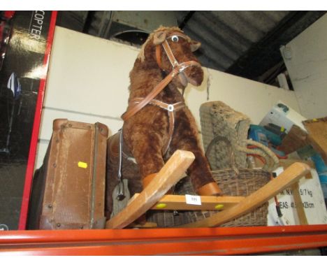 A SELECTION OF WICKER BASKETS, ROCKING HORSE, VINTAGE IRONING BOARD ETC
