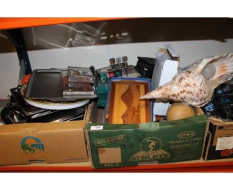 TWO TRAYS OF SUNDRIES TO INCLUDE TREEN, UNUSUAL SHELL LAMP ETC