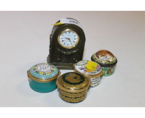 FOUR HALCYON DAYS ENAMELS, LIDDED POTS AND AYNSLEY PORTLANDWARE CLOCK