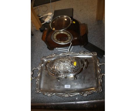 A SILVER-PLATED TRAY, SMALL LIDDED TUREEN AND WOODEN MANTLE CLOCK (3)