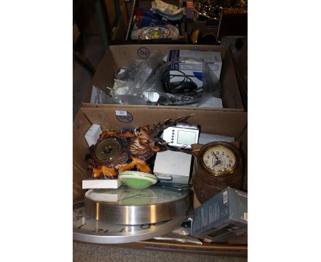 A TRAY OF HOME TELEPHONES AND A TRAY OF CLOCKS, BAROMETER ETC