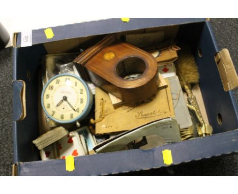 A TRAY OF COLLECTABLES TO INCLUDE AN INLAID MANTEL CLOCK BODY, POSTCARDS, PHOTOGRAPHS ETC